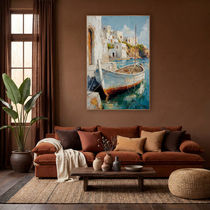 Whitewashed Harbor Fishing Boat Coastal wall art in a warm boho-style room – wooden fishing boat with tall mast moored
