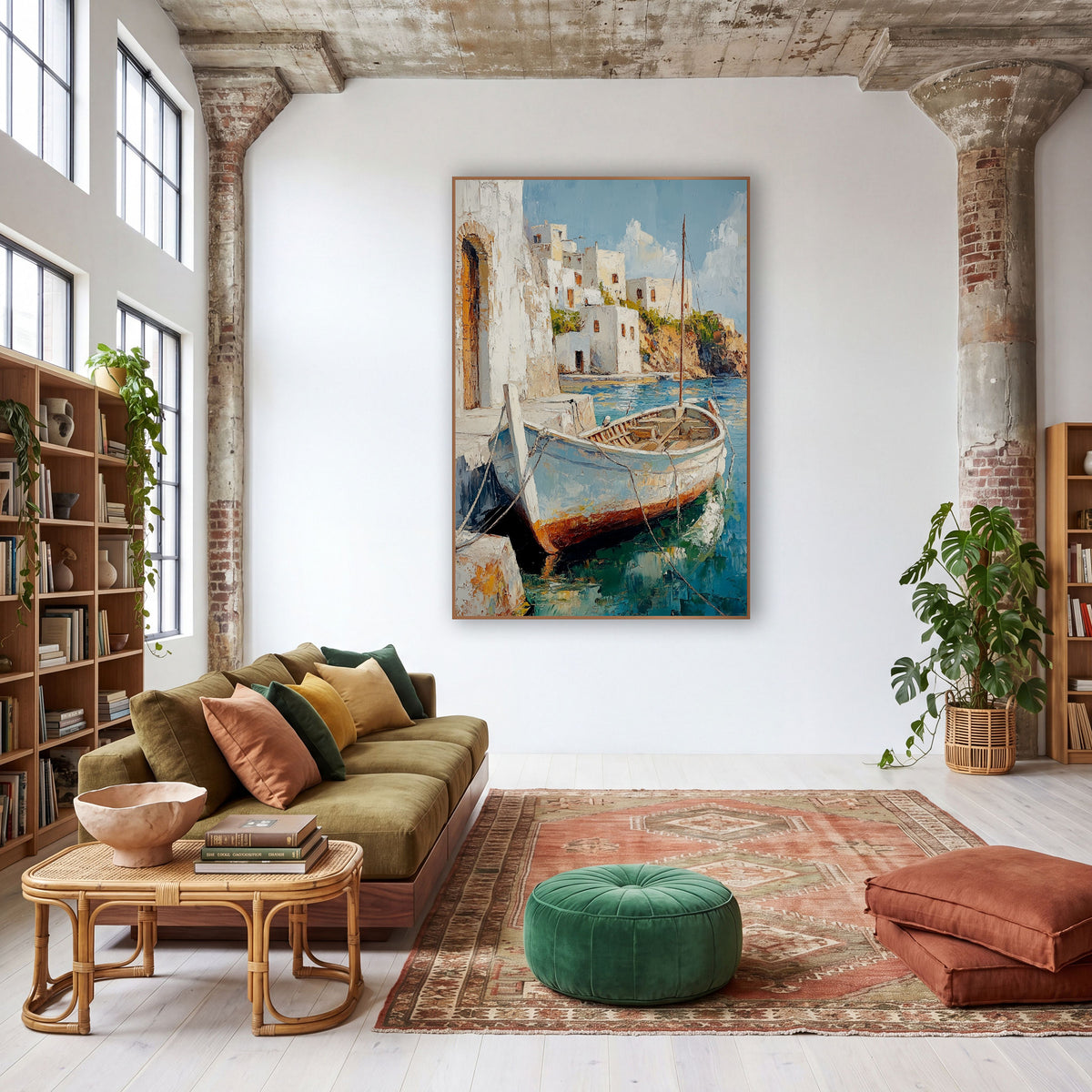 Whitewashed Harbor Fishing Boat Coastal wall art in a warm boho-style room – wooden fishing boat with tall mast moored