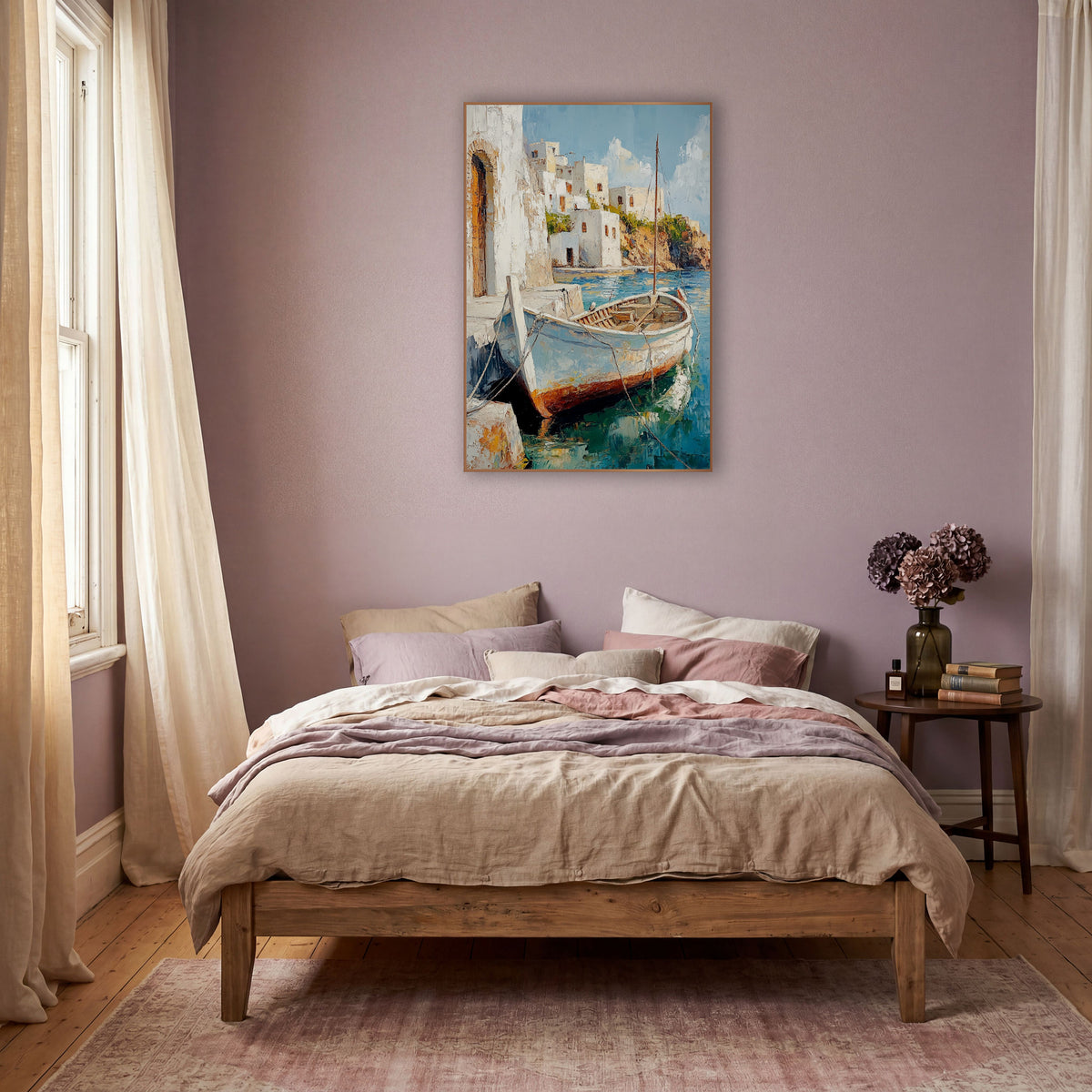 Whitewashed Harbor Fishing Boat Coastal wall art in a warm boho-style room – wooden fishing boat with tall mast moored