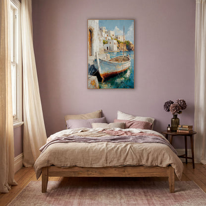 Whitewashed Harbor Fishing Boat Coastal wall art in a warm boho-style room – wooden fishing boat with tall mast moored