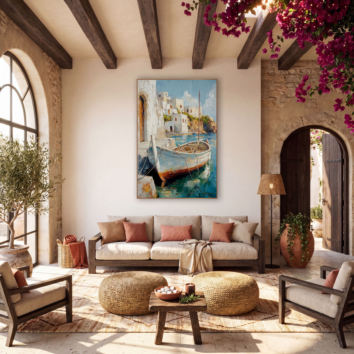 Whitewashed Harbor Fishing Boat Coastal wall art in a warm boho-style room – wooden fishing boat with tall mast moored