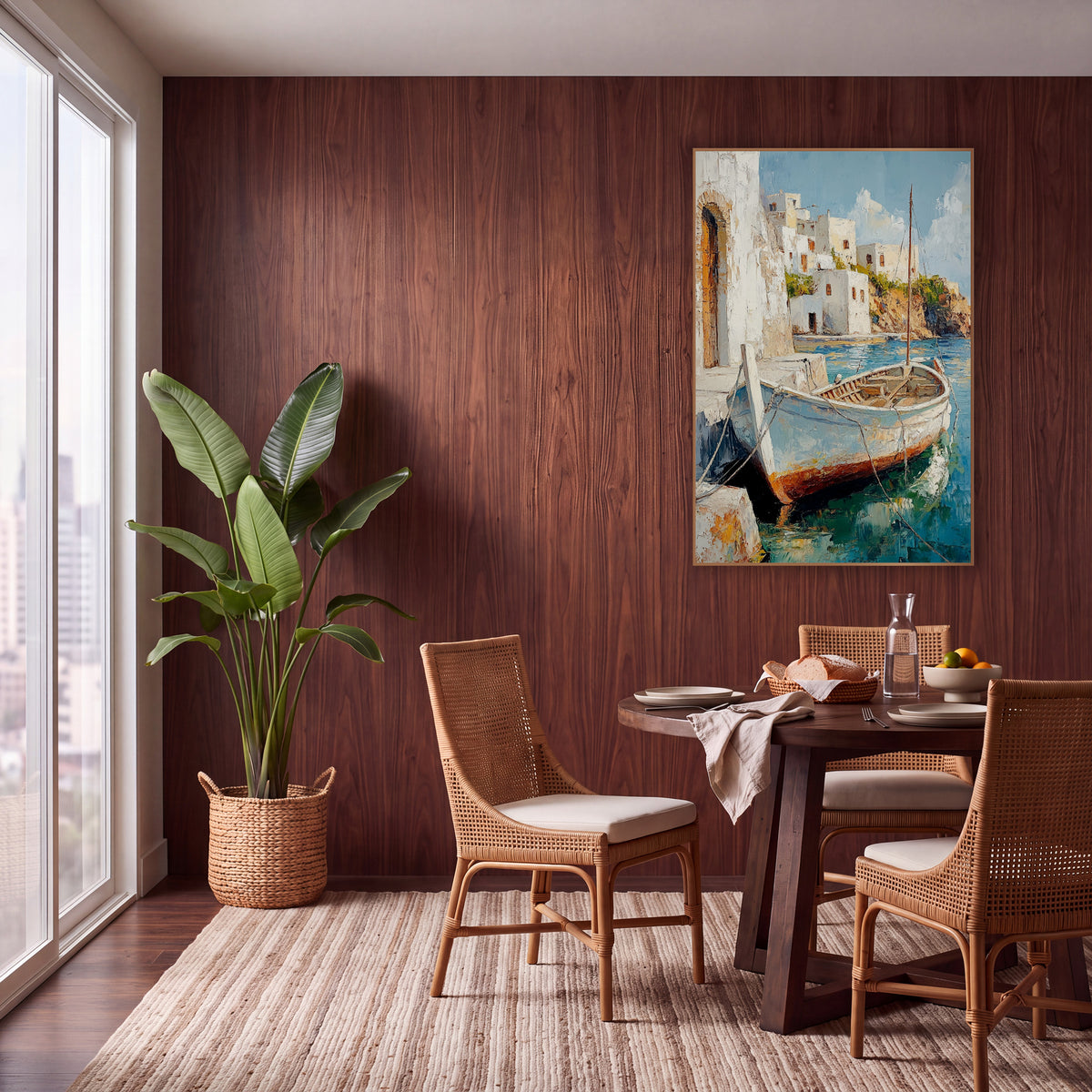 Whitewashed Harbor Fishing Boat Coastal wall art in a warm boho-style room – wooden fishing boat with tall mast moored