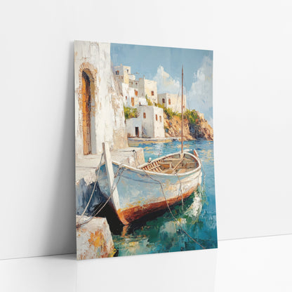 Whitewashed Harbor Fishing Boat Coastal art print leaning against a white wall – wooden fishing boat with tall mast moored