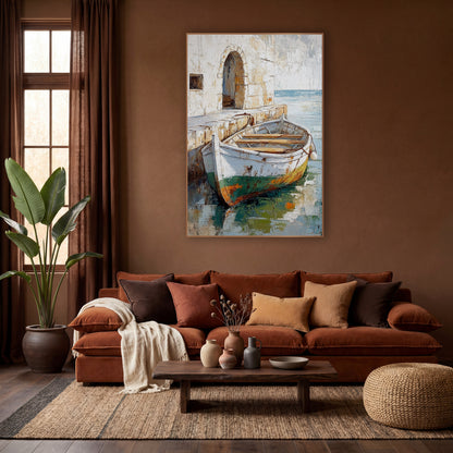 Weathered Rowboat Stone Quay Boho wall art in a warm boho-style room – white rowboat with rusty green hull moored