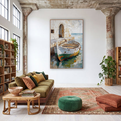 Weathered Rowboat Stone Quay Boho wall art in a warm boho-style room – white rowboat with rusty green hull moored