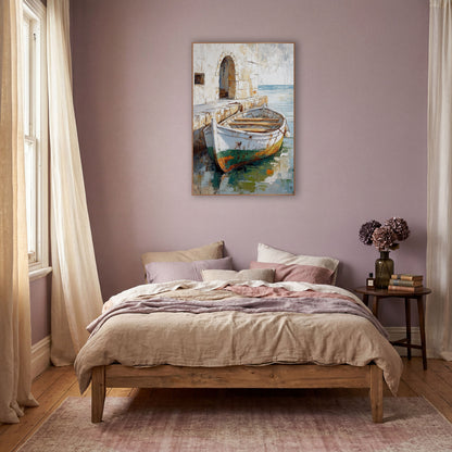 Weathered Rowboat Stone Quay Boho wall art in a warm boho-style room – white rowboat with rusty green hull moored