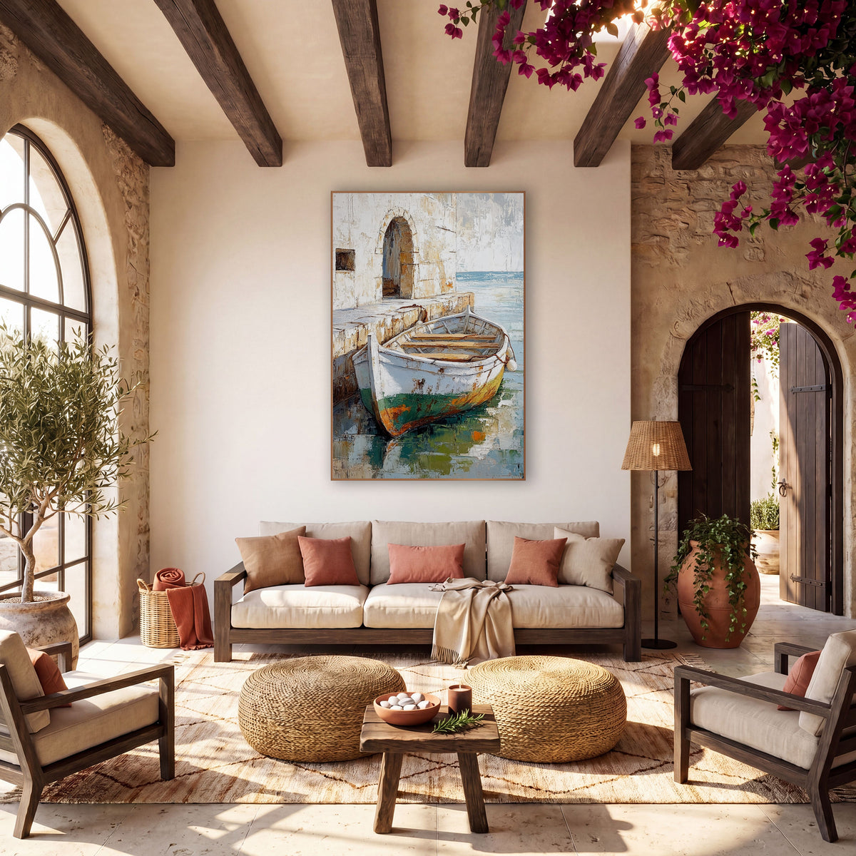 Weathered Rowboat Stone Quay Boho wall art in a warm boho-style room – white rowboat with rusty green hull moored