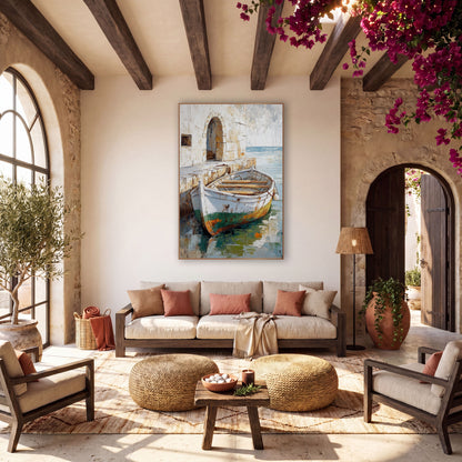 Weathered Rowboat Stone Quay Boho wall art in a warm boho-style room – white rowboat with rusty green hull moored