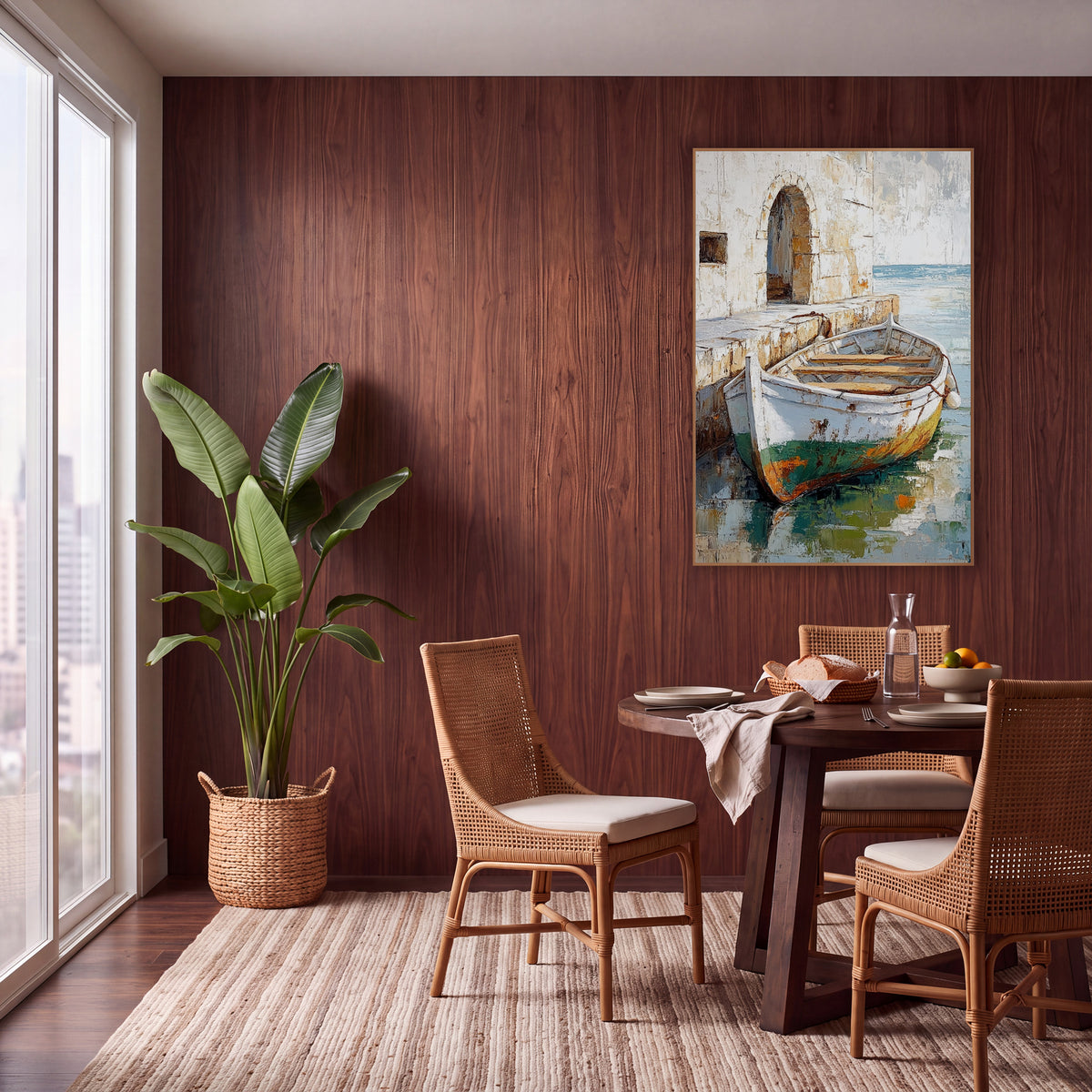 Weathered Rowboat Stone Quay Boho wall art in a warm boho-style room – white rowboat with rusty green hull moored