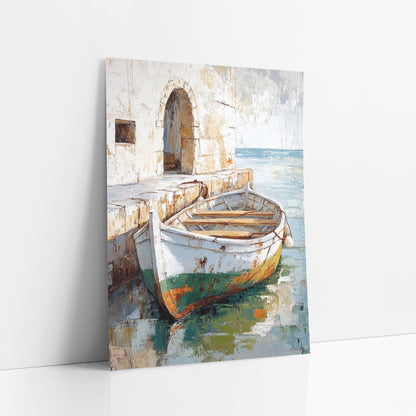 Weathered Rowboat Stone Quay Boho art print leaning against a white wall – white rowboat with rusty green hull moored