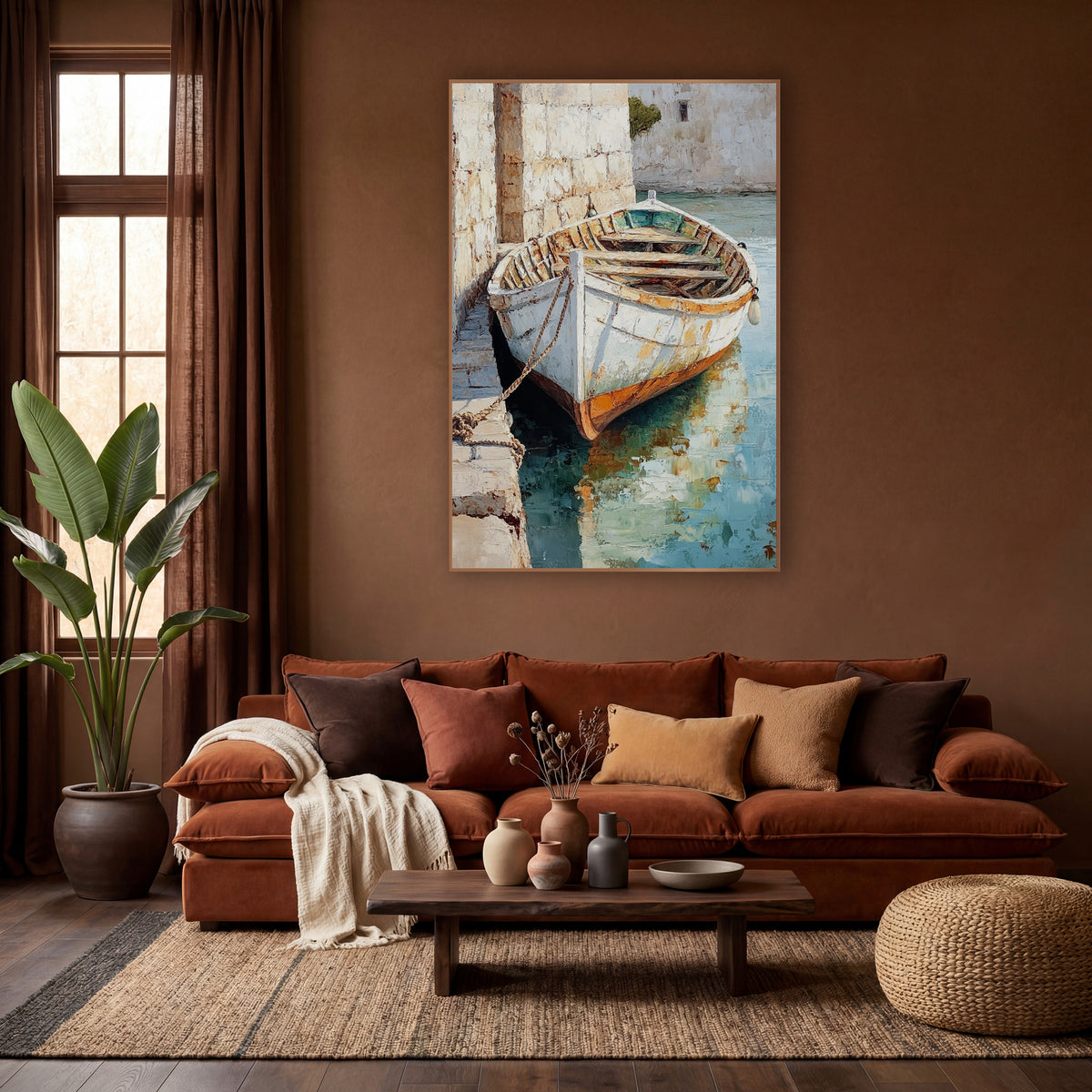Roped Dock Boat Teal Reflection Painterly wall art in a warm boho-style room – white rowboat with rust-orange hull