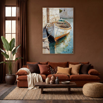 Roped Dock Boat Teal Reflection Painterly wall art in a warm boho-style room – white rowboat with rust-orange hull