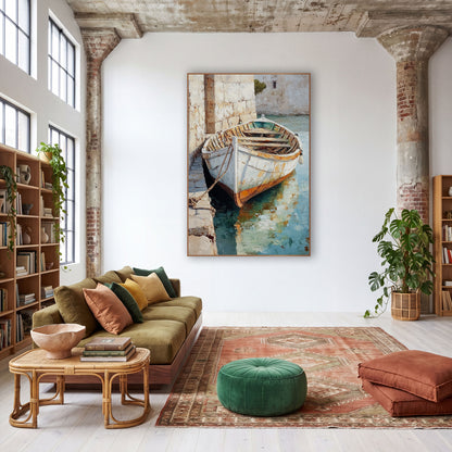 Roped Dock Boat Teal Reflection Painterly wall art in a warm boho-style room – white rowboat with rust-orange hull