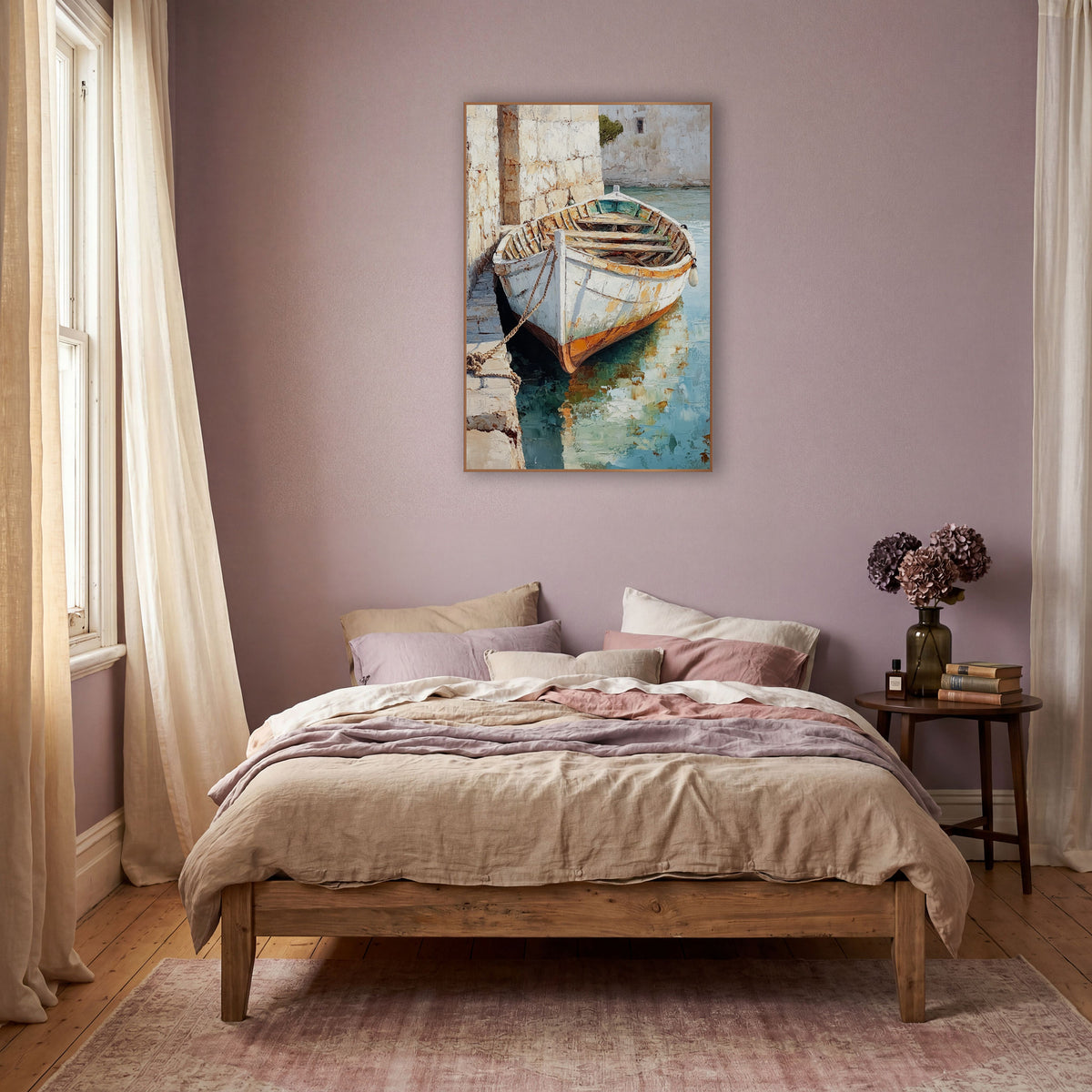 Roped Dock Boat Teal Reflection Painterly wall art in a warm boho-style room – white rowboat with rust-orange hull