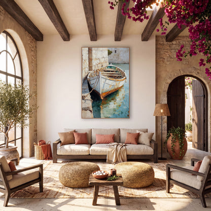 Roped Dock Boat Teal Reflection Painterly wall art in a warm boho-style room – white rowboat with rust-orange hull