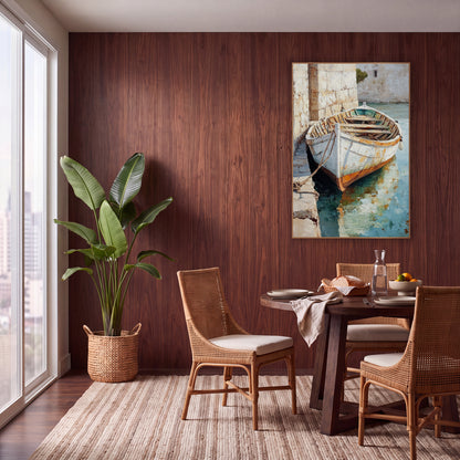 Roped Dock Boat Teal Reflection Painterly wall art in a warm boho-style room – white rowboat with rust-orange hull