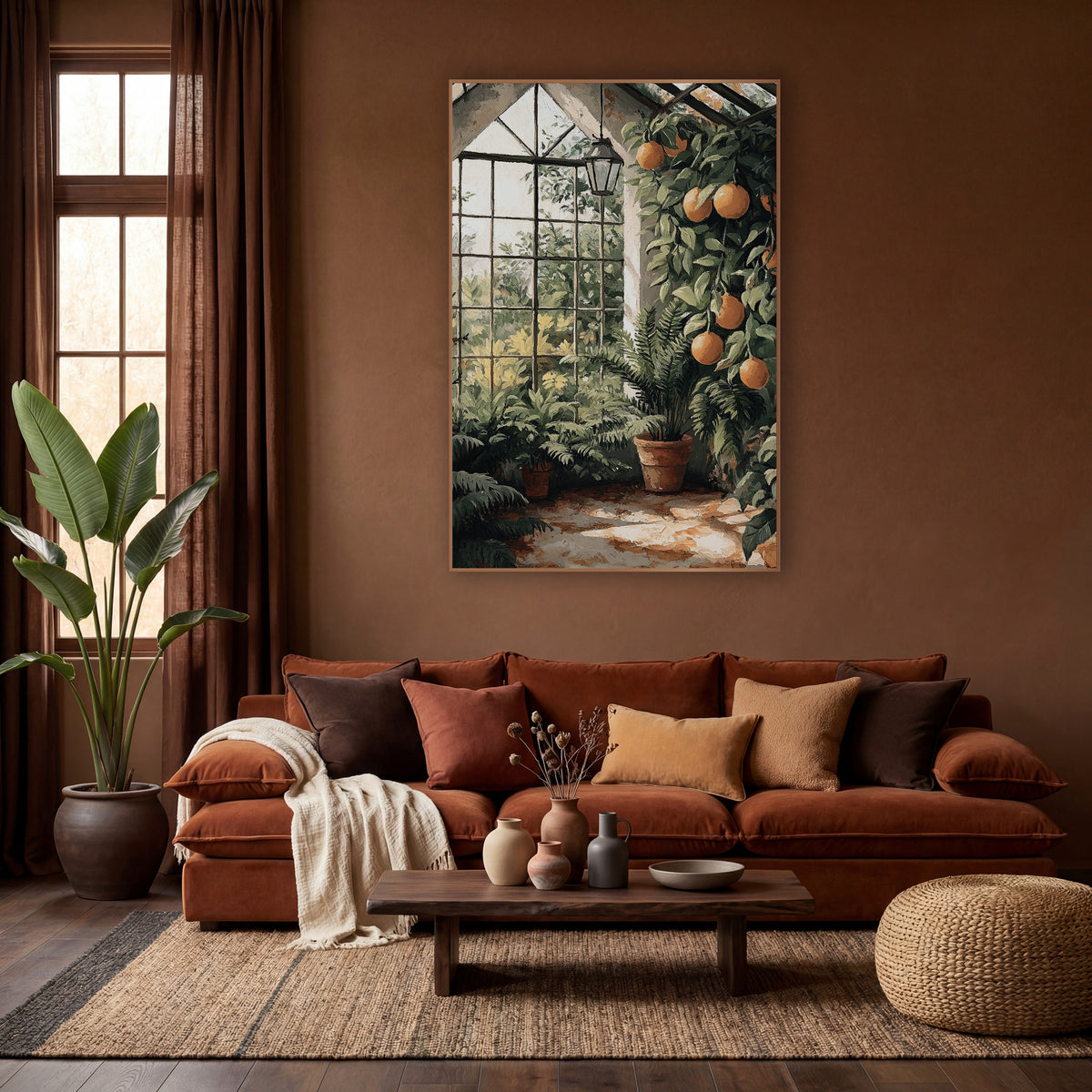 Sunlit Greenhouse Citrus Fern Botanical wall art in a warm boho-style room – greenhouse with orange-colored fruit
