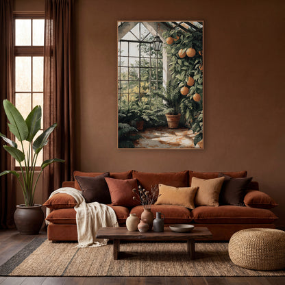 Sunlit Greenhouse Citrus Fern Botanical wall art in a warm boho-style room – greenhouse with orange-colored fruit