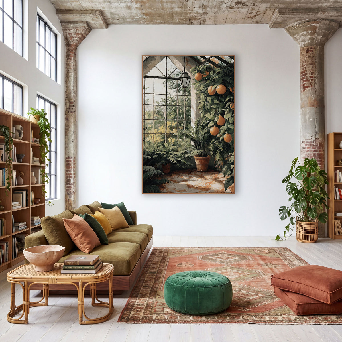 Sunlit Greenhouse Citrus Fern Botanical wall art in a warm boho-style room – greenhouse with orange-colored fruit