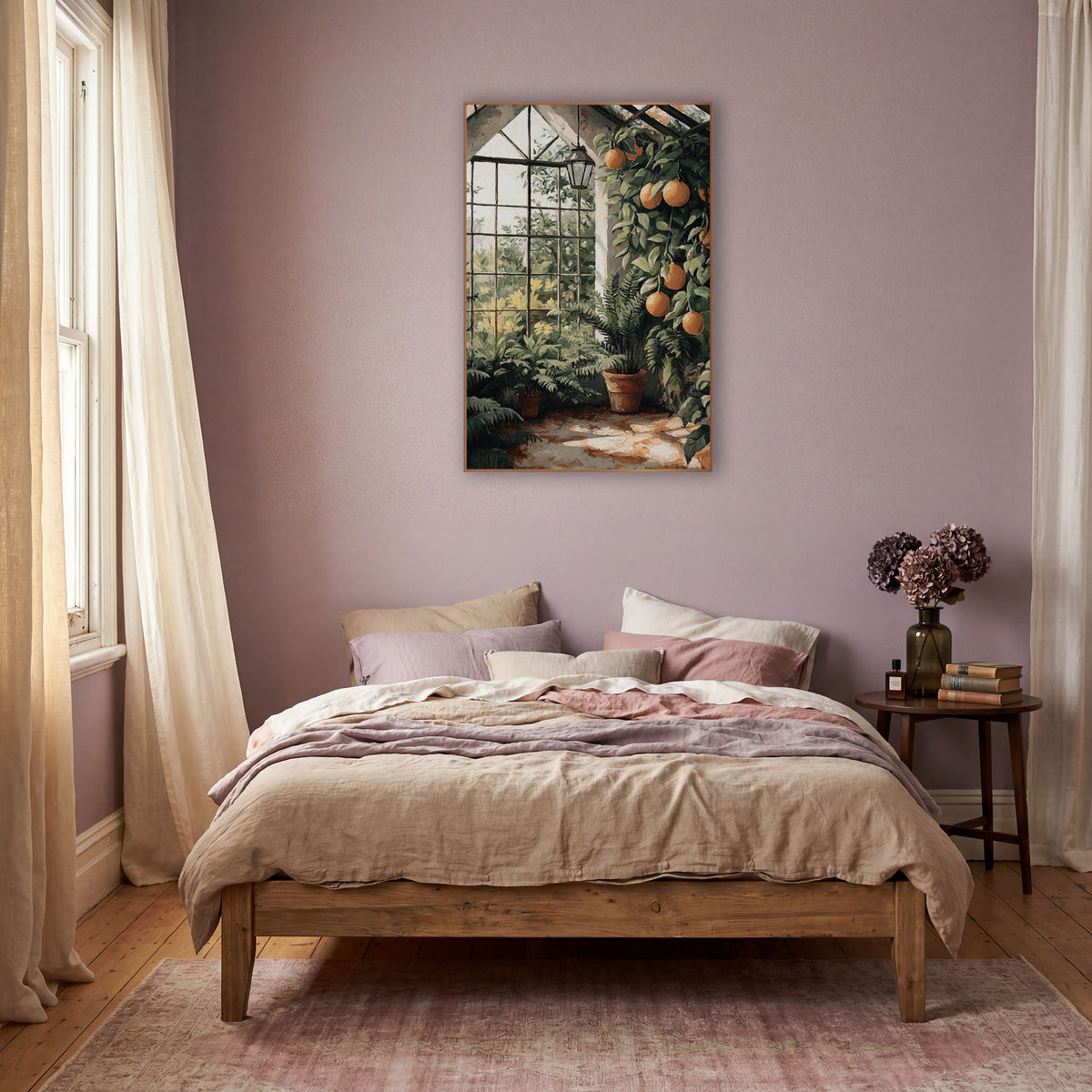 Sunlit Greenhouse Citrus Fern Botanical wall art in a warm boho-style room – greenhouse with orange-colored fruit