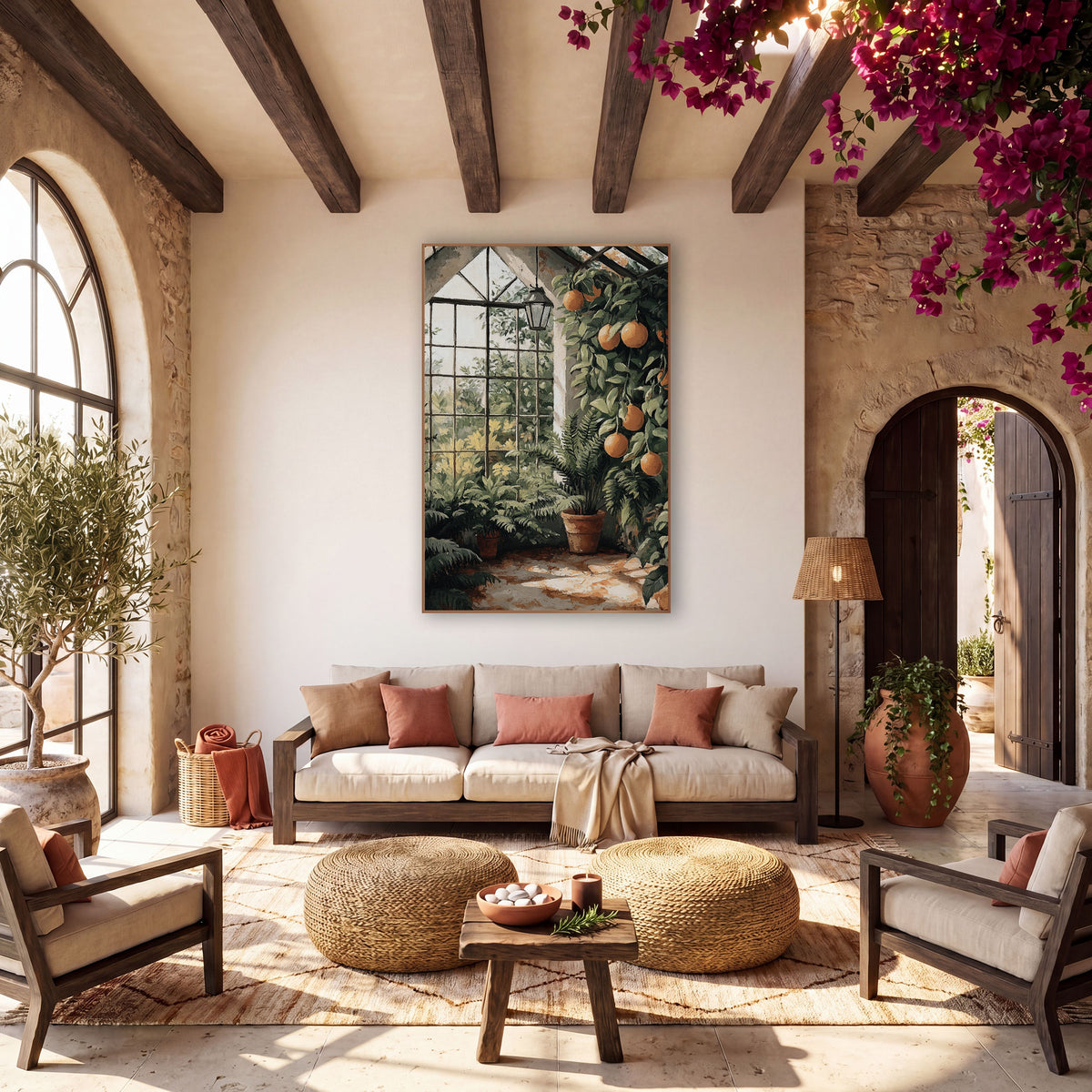 Sunlit Greenhouse Citrus Fern Botanical wall art in a warm boho-style room – greenhouse with orange-colored fruit