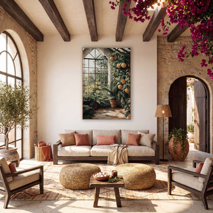 Sunlit Greenhouse Citrus Fern Botanical wall art in a warm boho-style room – greenhouse with orange-colored fruit