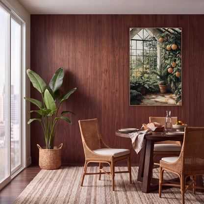 Sunlit Greenhouse Citrus Fern Botanical wall art in a warm boho-style room – greenhouse with orange-colored fruit