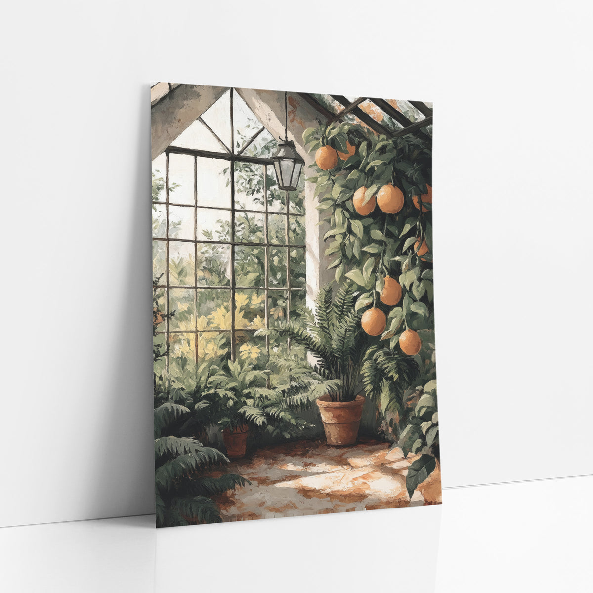 Sunlit Greenhouse Citrus Fern Botanical art print leaning against a white wall – greenhouse with orange-colored fruit