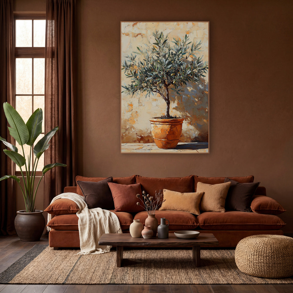 Olive Tree Terracotta Pot Boho wall art in a warm boho-style room – small olive tree with green olives in a terracotta