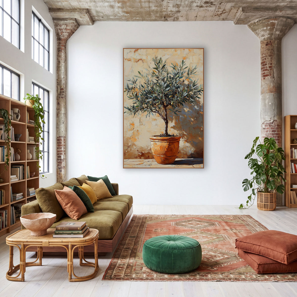 Olive Tree Terracotta Pot Boho wall art in a warm boho-style room – small olive tree with green olives in a terracotta