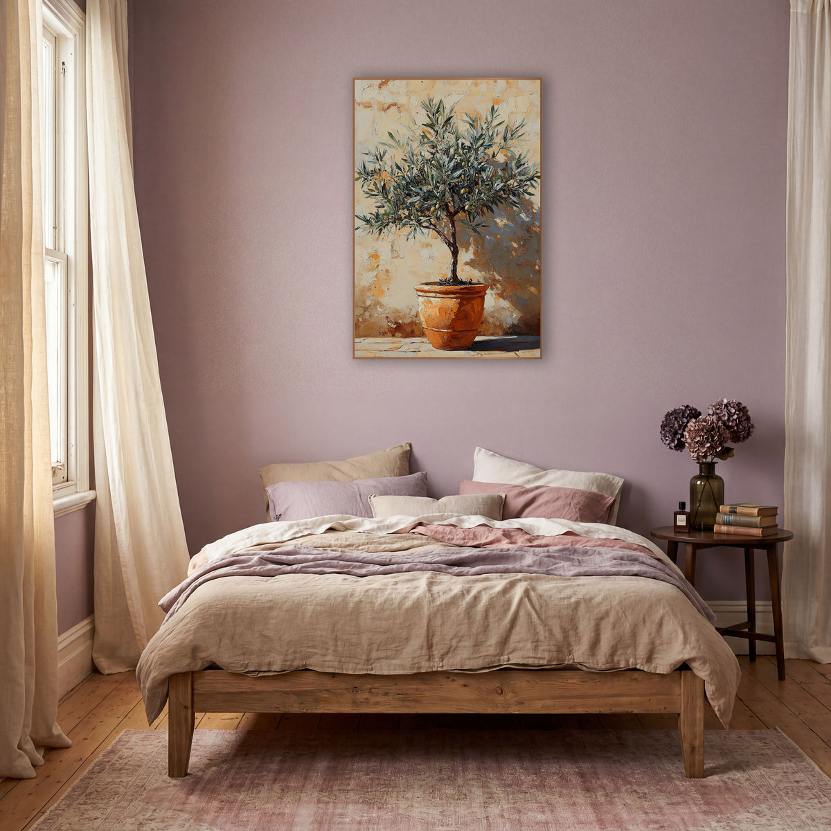 Olive Tree Terracotta Pot Boho wall art in a warm boho-style room – small olive tree with green olives in a terracotta