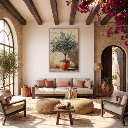 Olive Tree Terracotta Pot Boho wall art in a warm boho-style room – small olive tree with green olives in a terracotta