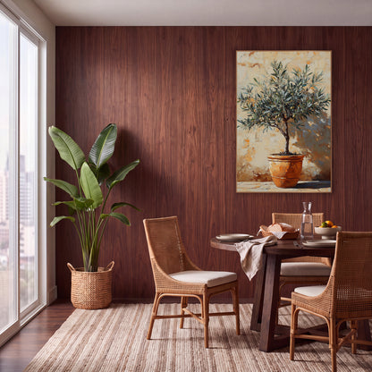 Olive Tree Terracotta Pot Boho wall art in a warm boho-style room – small olive tree with green olives in a terracotta