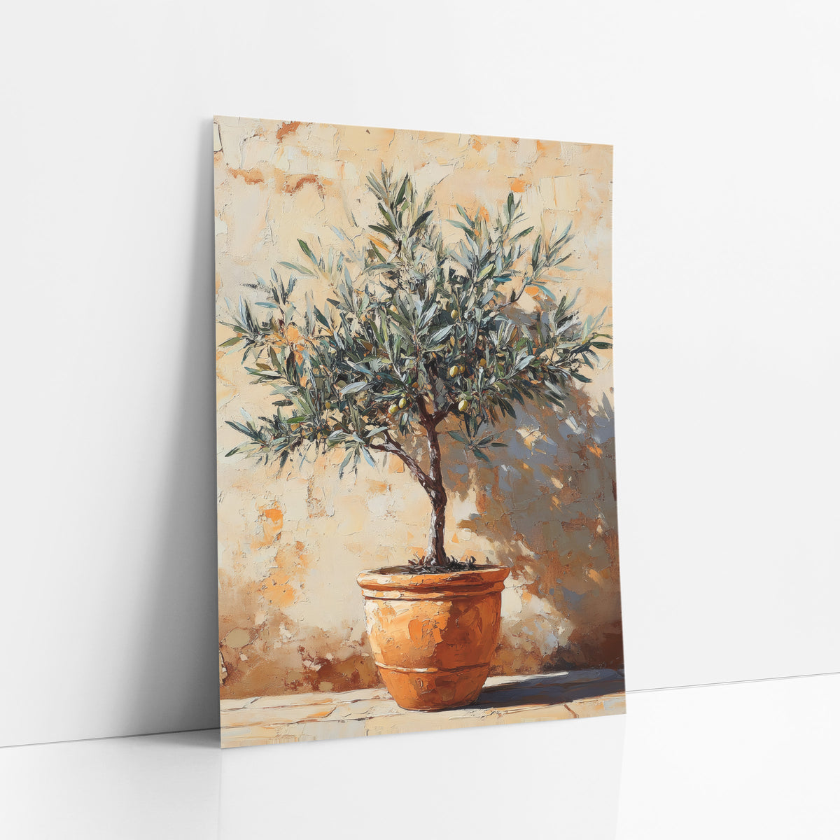 Olive Tree Terracotta Pot Boho art print leaning against a white wall – small olive tree with green olives in a terracotta