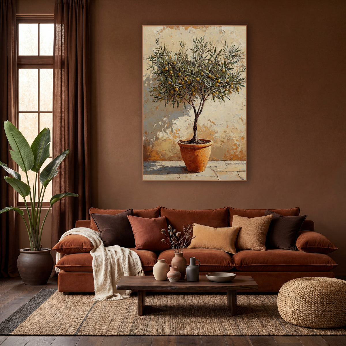 Golden Fruited Olive Tree Painterly wall art in a warm boho-style room – olive tree with yellow-gold fruits