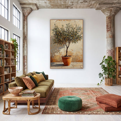 Golden Fruited Olive Tree Painterly wall art in a warm boho-style room – olive tree with yellow-gold fruits