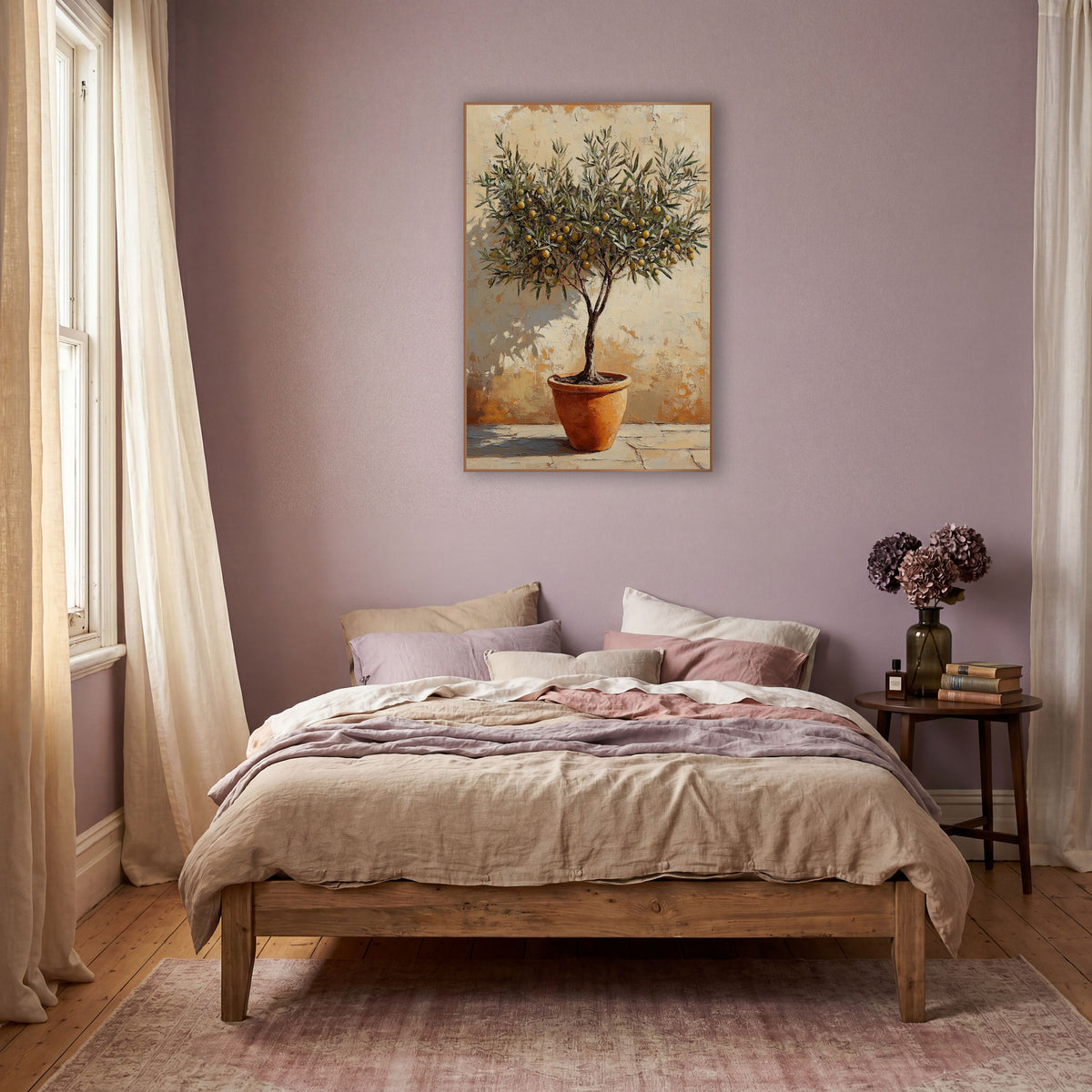 Golden Fruited Olive Tree Painterly wall art in a warm boho-style room – olive tree with yellow-gold fruits