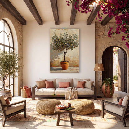 Golden Fruited Olive Tree Painterly wall art in a warm boho-style room – olive tree with yellow-gold fruits