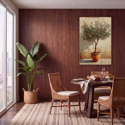 Golden Fruited Olive Tree Painterly wall art in a warm boho-style room – olive tree with yellow-gold fruits