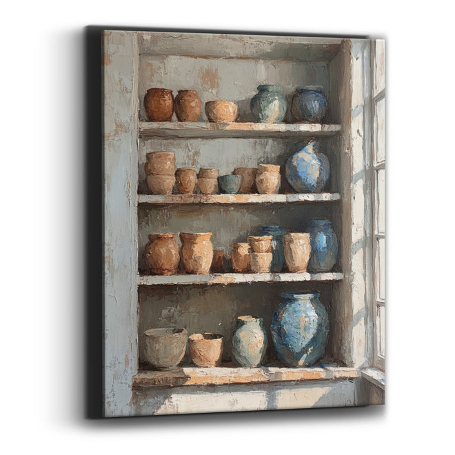 Blue and Terracotta Pottery Shelves Rustic Canvas Wall Art