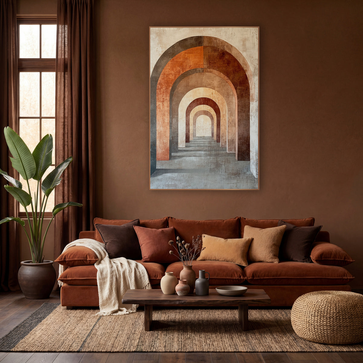 Terracotta Nested Arches Boho Modern wall art in a warm boho-style room – row of nested rounded arches in terracotta