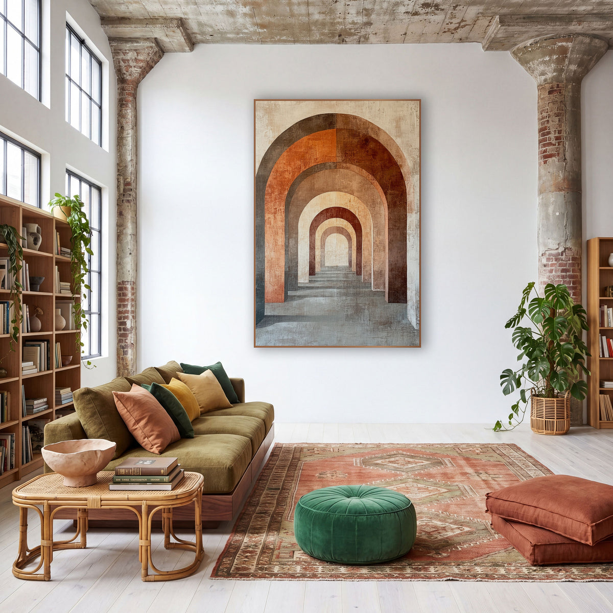 Terracotta Nested Arches Boho Modern wall art in a warm boho-style room – row of nested rounded arches in terracotta