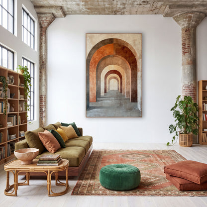 Terracotta Nested Arches Boho Modern wall art in a warm boho-style room – row of nested rounded arches in terracotta