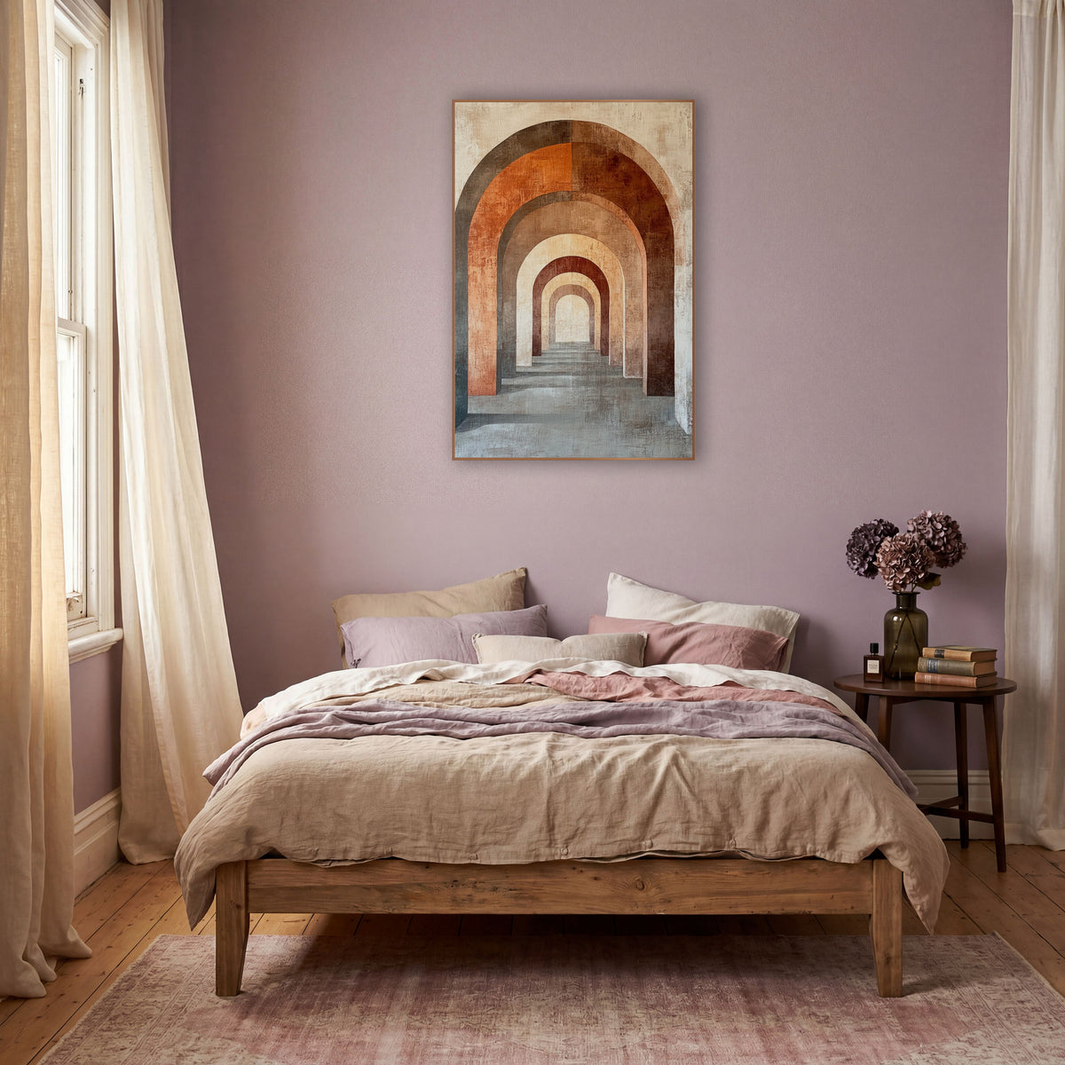 Terracotta Nested Arches Boho Modern wall art in a warm boho-style room – row of nested rounded arches in terracotta