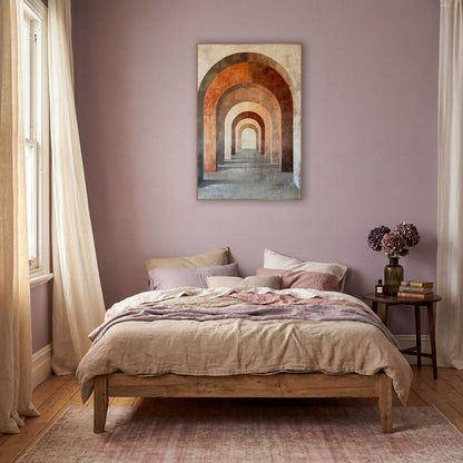 Terracotta Nested Arches Boho Modern wall art in a warm boho-style room – row of nested rounded arches in terracotta