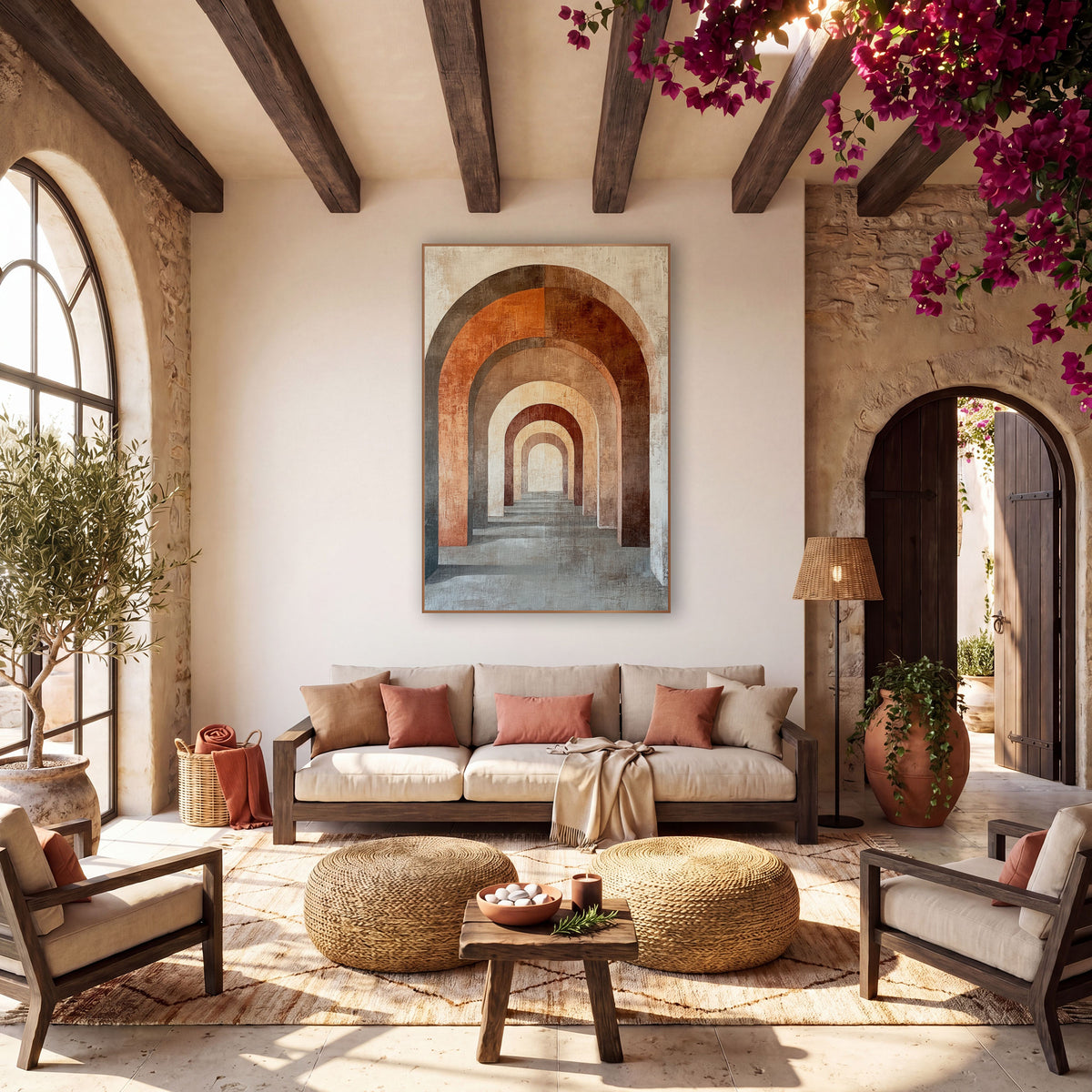 Terracotta Nested Arches Boho Modern wall art in a warm boho-style room – row of nested rounded arches in terracotta