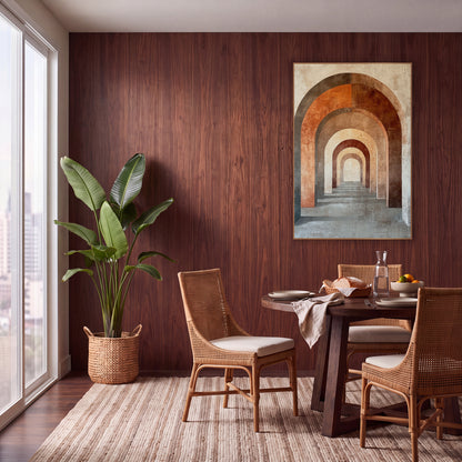 Terracotta Nested Arches Boho Modern wall art in a warm boho-style room – row of nested rounded arches in terracotta