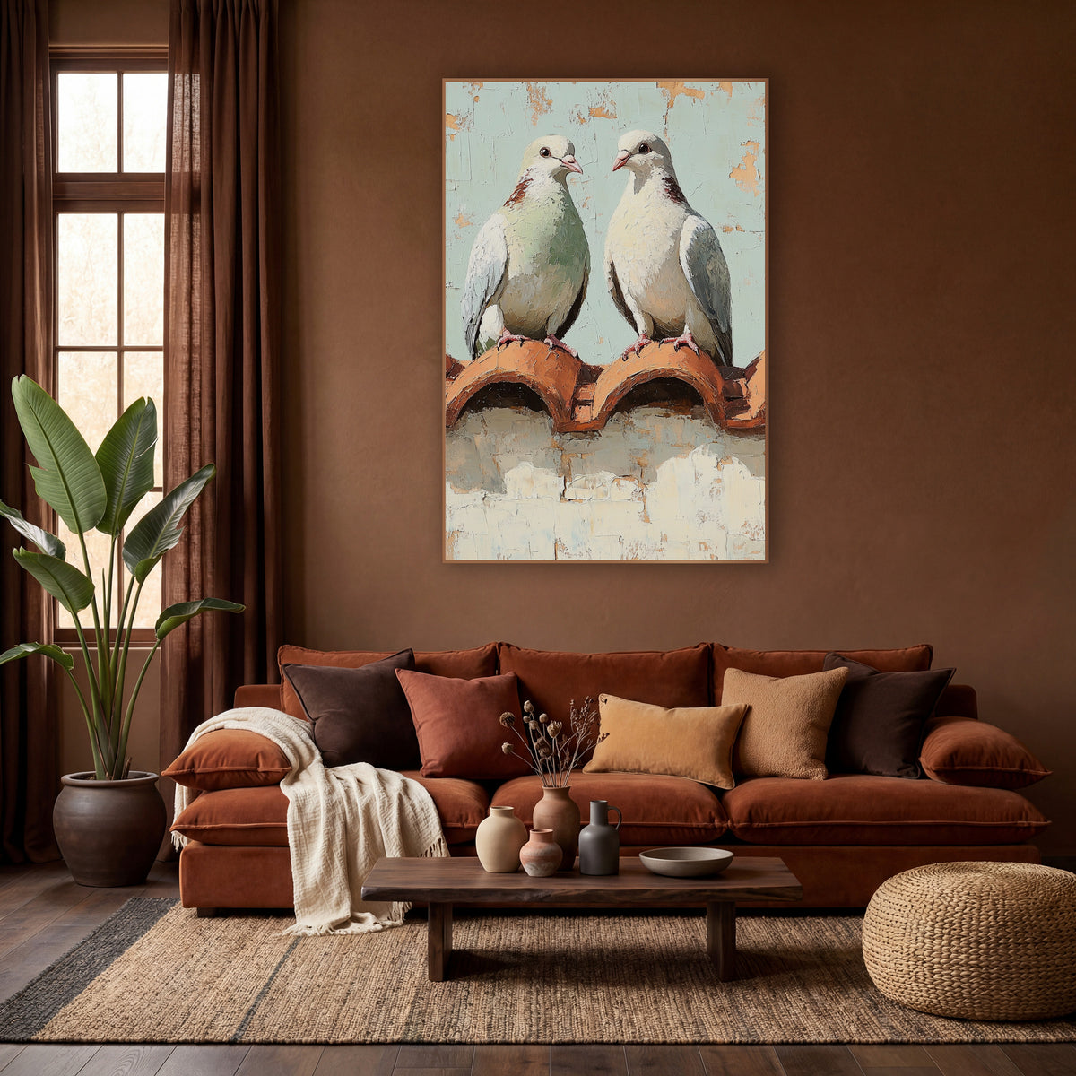 Pair of Doves Rooftop Bohemian wall art in a warm boho-style room – two doves facing each other on terracotta roof