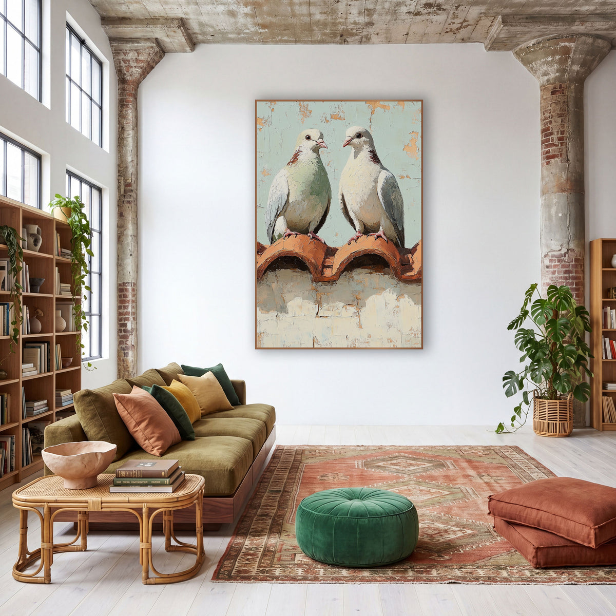 Pair of Doves Rooftop Bohemian wall art in a warm boho-style room – two doves facing each other on terracotta roof