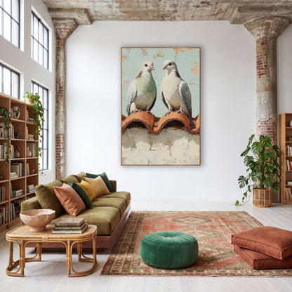 Pair of Doves Rooftop Bohemian wall art in a warm boho-style room – two doves facing each other on terracotta roof